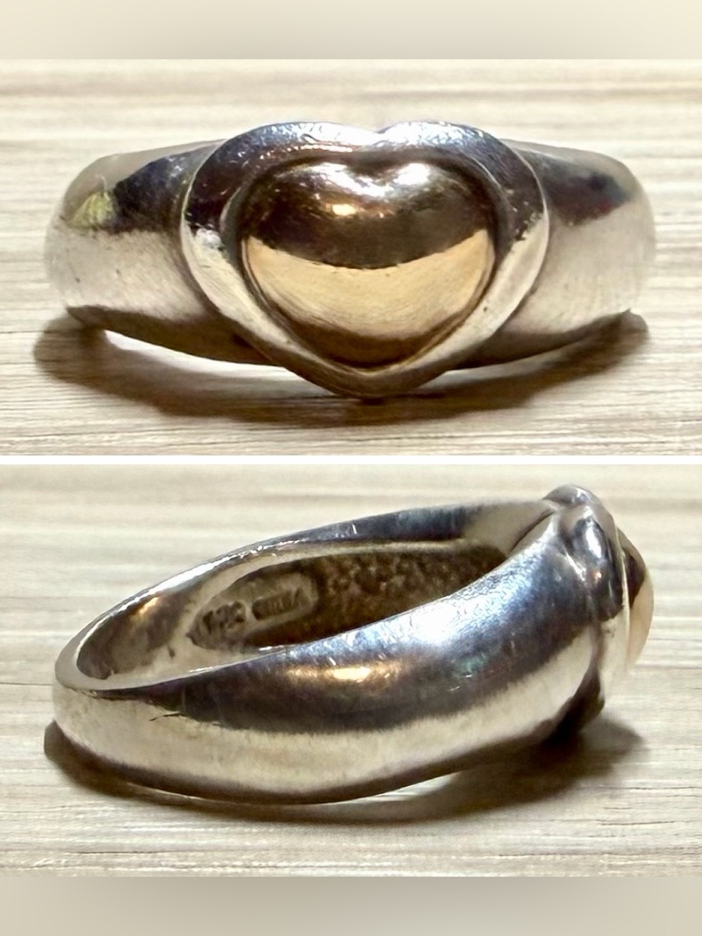 Vintage Designer Signed Sterling Silver & 14K Gold Puffy Heart Band Ring, Size 7
